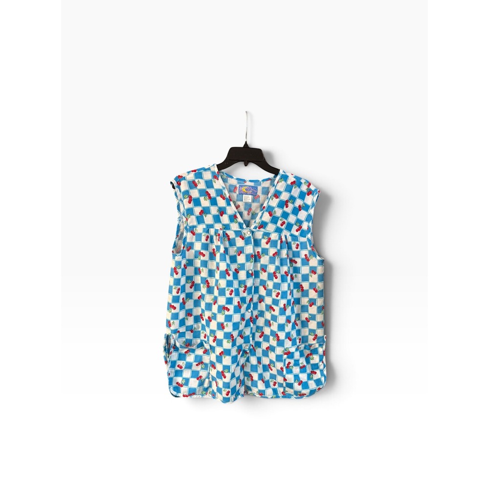 Moon Dance Women Blue Checkered Cherry Print Smock Vest Top 1X 111400